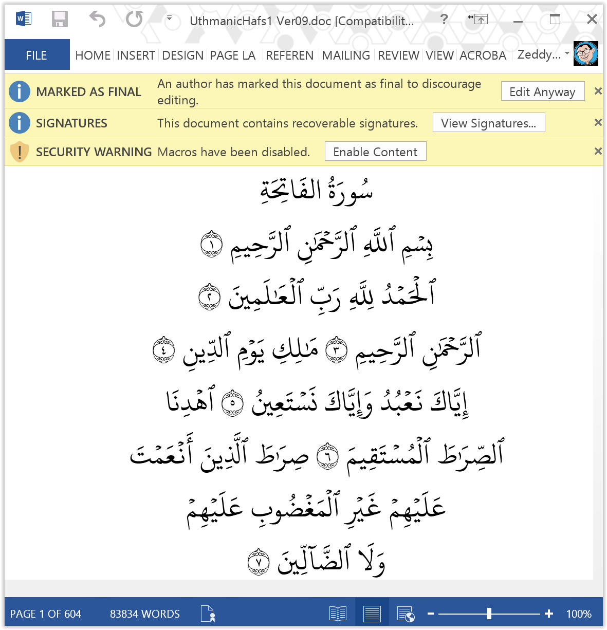 Quran Unicode using Uthmani Hafs Font